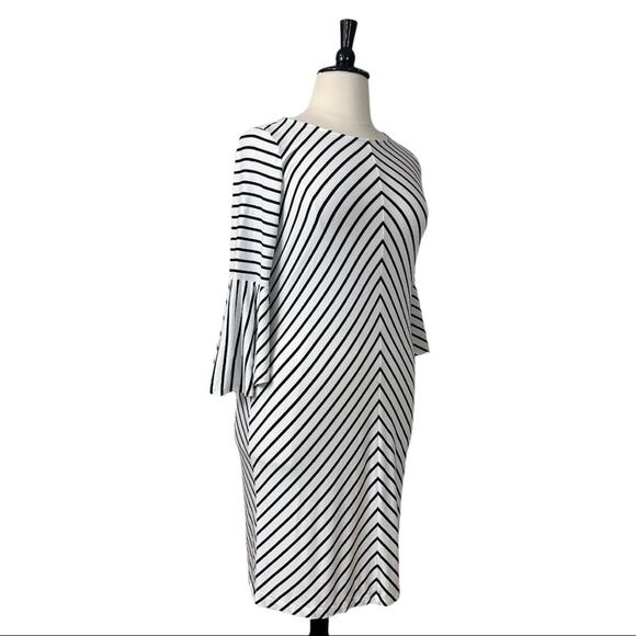 Chico’s White Black Stripe Bell Sleeve Midi Shift Dress Size 2 Women's 12/14 - Picture 2 of 13